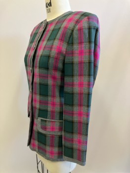 PETITE SOPHISTICATE, Gray, Hot Pink, Dk Green, Yellow, Rayon, Wool, Plaid, CN, B.F., L/S, 2 Pckts, Padded Shoulders