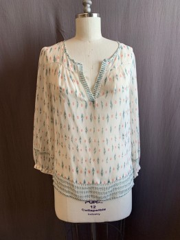 Womens, Top, JOIE, Off White, Teal Green, Salmon Pink, Black, Silk, Abstract , Native American/Southwestern , M, V-N, L/S,