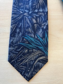 SY DEVORE, Black, Teal Blue, Taupe, Gray, Silk, Leaves/Vines 