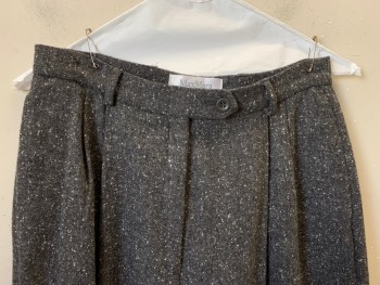 MAX MARA, Charcoal Gray, White, Wool, Cashmere, 2 Color Weave, Pleated, Zip Front, Side Pockets, Belt Loops,