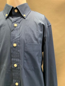 BANANA REPUBLIC, Navy Blue, Cotton, Polyester, Solid, L/S, Button Front, Collar Attached, Chest Pocket