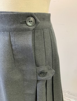Childrens, Skirt, FLYNN O'HARA, Gray, Polyester, Wool, Solid, W:23, Gabardine, Pleated, 1.5" Wide Self Waistband, Wrap Closure with Buttons at Waist, Hem Above Knee,