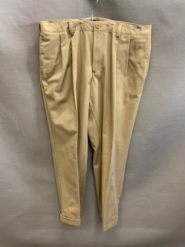 Mens, Casual Pants, IZOD, Khaki Brown, Cotton, 36/30, Side Pockets, Zip Front, Pleated Front, 2 Welt Pockets, Cuffed