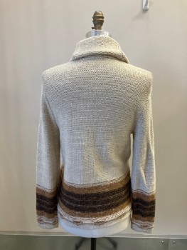 Mens, Cardigan Sweater, J.CREW, Oatmeal Brown, Brown, Sienna Brown, Cotton, Solid, Stripes - Horizontal , M, Shawl Lapel, 5 Btns, 2 Pckts, Band Stripe Across Body And Sleeves And Front Of Lapel