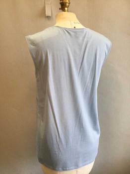 WEEKEND, Lt Blue, Silk, Synthetic, Solid, Silk Crepe Front with Panel Strips At Front, Slit Neck with 1 Button Closure, Jersey Knit Back, Sleeveless,