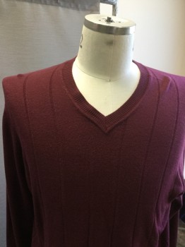 Mens, Pullover Sweater, JOHN ASHFORD , Red Burgundy, Acrylic, Acrylic, Stripes, L, V Neck Self Large Stripes