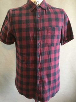 TOP MAN, Black, Red Burgundy, Cotton, Check , Short Sleeve,  Button Front, Collar Attached, Flannel, 1 Pocket,