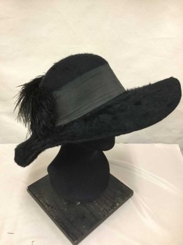 NL, Black, Felt, Feathers, Wide Black Linen Hat Band, Black Feathers, Long Pile Weave Fabric,