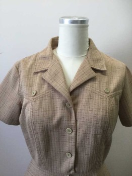 SHERRI, Tan Brown, Polyester, Heathered, Polyester Knit. Button Placet, Short Sleeves, Open Collar, Button Detail at Yoke Front, Zip Front at a Line Skirt. Length to Knee