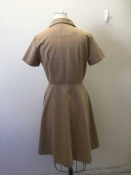 SHERRI, Tan Brown, Polyester, Heathered, Polyester Knit. Button Placet, Short Sleeves, Open Collar, Button Detail at Yoke Front, Zip Front at a Line Skirt. Length to Knee