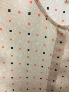 JOIE, Peach Orange, Apricot Orange, Navy Blue, White, Silk, Geometric, Long Sleeves, Button Front, Round Neck, Diamond Pattern Of White Stripes with Navy and Orange Squares On Top Print, Buttons Hidden By Placket