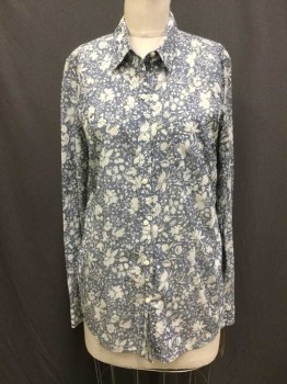 GAP, Gray, Off White, Cotton, Floral, L/S, Button Front, Collar Attached, 1 Pocket