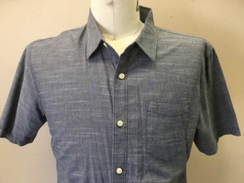 VANS, Steel Blue, Silver, Cotton, Heathered, Heather Steel Blue, Collar Attached, Button Front, 1 Pocket Short Sleeves, with Blue Top-stitches