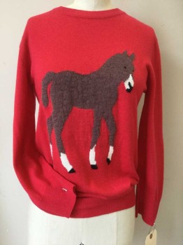 Womens, Pullover, PETER JENSEN, Red, Brown, White, Black, Acrylic, Wool, Novelty Pattern, Solid, S, Crew Neck, Long Sleeves, Cute Horse Center Front,