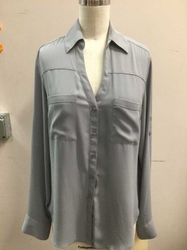 EXPRESS, Lt Gray, Polyester, Solid, Button Front, V-neck, Collar Attached, Long Sleeves, 2 Pockets,