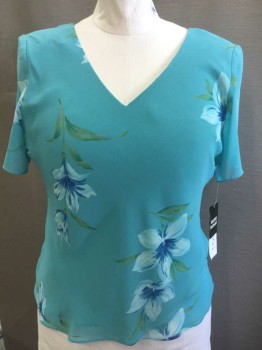 STUDIO I, Turquoise Blue, Green, White, Royal Blue, Polyester, Floral, Turquoise Crepe with Sparse Large Flowers Pattern, Chiffon, Short Sleeve, V-neck, 2 Tier Asymmetric Layered Hem, Shoulder Pads