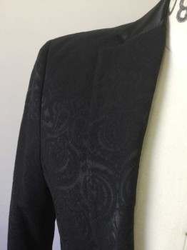 Mens, Sportcoat/Blazer, ZARA, Black, Polyester, Paisley/Swirls, 36, XS, Single Breasted, Solid Black Satin Collar Attached, Notched Lapel, 2 Buttons,  3 Pockets