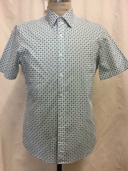 MICHAEL KORS, White, Sea Foam Green, Forest Green, Cotton, Spandex, Novelty Pattern, White, Sea Foam Green/ Forrest Green Novelty Print, Button Front, Collar Attached, Short Sleeves,