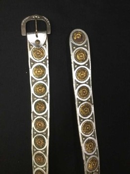 N/L, Silver, Brass Metallic, Green, Leather, Metallic/Metal, Geometric, Floral, Silver Belt W/silver Studs & Circle W/brass Flower in the Middle, and Silver Trim, Tarnish Buckle, See Photo Attached,