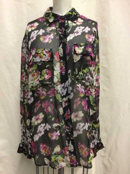 EQUIPMENT, Black, White, Hot Pink, Magenta Purple, Green, Silk, Floral, Black, White/ Hot Pink/ Magenta Purple/ Green Floral Print, Sheer, Button Front, Collar Attached, 2 Flap Pockets, Long Sleeves,