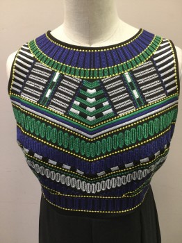 Womens, Evening Gown, TAHARI, Black, White, Green, Yellow, Cotton, Synthetic, Geometric, Solid, 2, African Influenced Embroidered Sleeveless Top, Crew Neck in Yarns of White, Blue, Green & Yellow.black Silk Skirt with Black Chiffon Overlay. Cotton Jersey Knit Back with Snap Closures. Peep Hole at Back Waist. Zipper at Skirt Center Back,