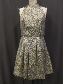 Womens, Cocktail Dress, COOPERATIVE, Metallic, Gold, Silver, Purple, Polyester, Metallic/Metal, Floral, 8, Metallic, Gold, Silver, Purple Floral Print, Mock Neck, Sleeveless, Gray Piping, 2 Pockets, Open Back, Zip Back