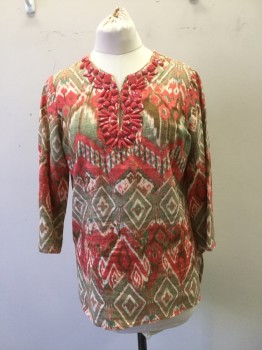 JONES NY, Coral Orange, Sage Green, Olive Green, Cotton, Synthetic, Geometric, Slit Neck Tunic with 3/4 Sleeves, Blurry Diamond Pattern Print. Large Plastic Coral Bead Work at Neckline