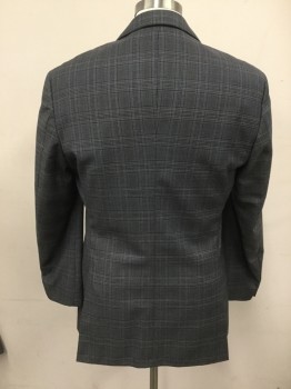 Mens, Sportcoat/Blazer, HUGO BOSS, Navy Blue, Gray, Black, Wool, Plaid, 42R, Single Breasted, Collar Attached, Notched Lapel, Hand Picked Collar/Lapel, 3 Pockets, 2 Buttons