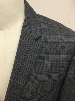 Mens, Sportcoat/Blazer, HUGO BOSS, Navy Blue, Gray, Black, Wool, Plaid, 42R, Single Breasted, Collar Attached, Notched Lapel, Hand Picked Collar/Lapel, 3 Pockets, 2 Buttons