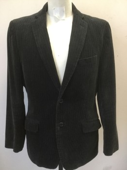 H&M, Gray, Charcoal Gray, Cotton, Solid, Forest Green/black Corduroy, Wide Wale, 2 Button Front, Pocket Flap,