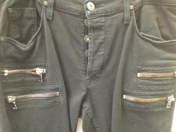 Mens, Casual Pants, HUDSON, Black, Cotton, Lycra, Solid, 31/32, 5 Pocket, Button Fly, 4 Zipper Pockets