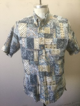 KAHALA, Slate Blue, Navy Blue, White, Beige, Cotton, Geometric, Abstract , Squares with Geometric Patterns, Leaves, Fish bones, Etc, Polo Style with 4 Button Placket, Short Sleeves, Collar Attached, Button Down Collar