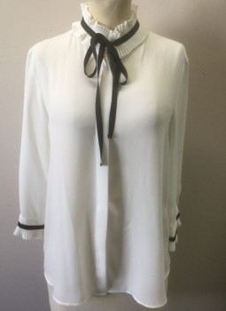 ZARA, White, Black, Polyester, Solid, Sheer Chiffon, Black Grosgrain 1/2" Wide Trim at Neck/Cuffs, 3/4 Sleeve, Button Front, Pleated Stand Collar, Grosgrain Ties at Neck