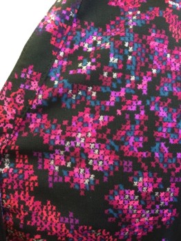 CATHERINES, Black, Magenta Pink, Slate Blue, Pink, Raspberry Pink, Polyester, Spandex, Floral, Button Front, V-neck, Collar Attached, Cross Stitch Pattern with Silver Metallic FC035308