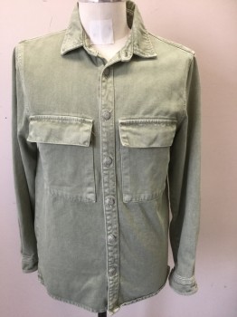 ZARA, Dusty Green, Cotton, Solid, Light Dusty Green Denim, Long Sleeve Button Front, Collar Attached, 2 Flap Pockets