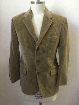 CHAPS RALPH LAUREN, Tan Brown, Cotton, Solid, Corduroy, Single Breasted, Collar Attached, Notched Lapel, 3 Buttons,  3 Pockets