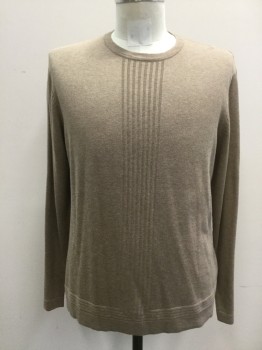 Mens, Pullover Sweater, THE HAVANERA CO., Lt Brown, Cotton, Heathered, M, Novelty Stripe Knit Down Front and Above Waistband, Ribbed Knit Crew Neck/Waistband/Cuff
