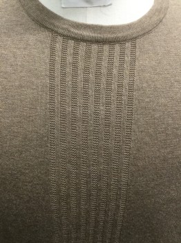 Mens, Pullover Sweater, THE HAVANERA CO., Lt Brown, Cotton, Heathered, M, Novelty Stripe Knit Down Front and Above Waistband, Ribbed Knit Crew Neck/Waistband/Cuff