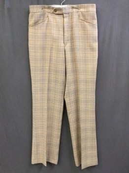 Mens, Pants, NO LABEL, Beige, Brown, Gray, Tan Brown, Polyester, Plaid, 33, 32, Flat Front, Zip Front, 4 Pockets
