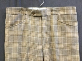 NO LABEL, Beige, Brown, Gray, Tan Brown, Polyester, Plaid, Flat Front, Zip Front, 4 Pockets