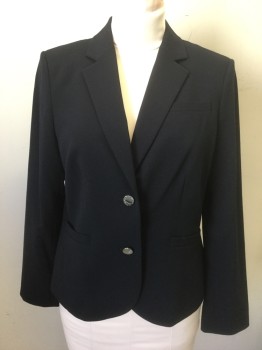 Womens, Blazer, CALVIN KLEIN, Navy Blue, Polyester, Rayon, Solid, 12, Single Breasted, Notched Lapel, 2 Silver Buttons, 3 Welt Pockets, Lining is White with Navy Pinstripes