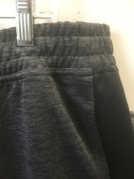 Mens, Sweatsuit Pants, ID IDEOLOGY, Dk Gray, Black, Polyester, Spandex, Heathered, XL, Gray with Black Streaks, Black Panel/Stripe at Sides, Stretch Material, Elastic Waist, 2 Side Pockets