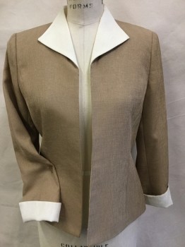 AMANDA SMITH, Lt Brown, Cream, Polyester, Solid, Jacket:  Light Brown Woven, Cream Lining, Cream Collar Attached & Long Sleeves Cuffs, Open Front, with Matching Skirt