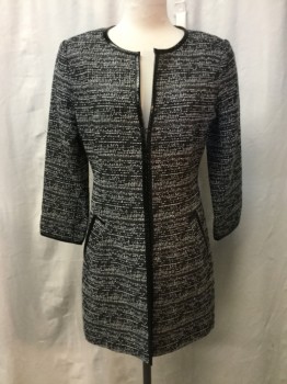 Womens, Blazer, LUXE, Black, White, Silver, Cotton, Wool, Tweed, S, Black and White Tweed with Silver Lurex. Black Patent Trim at Crew Neck, Center Front, Pocket Trim and 3/4 Length Sleeve Cuffs. Hook and Eye Closure at Center Front,