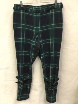 BLACK, Black, Green, Off White, Wool, Plaid, Black, Green, Off White Plaid, 1-1/2" Waistband, Flat Front, Zip Front, 4 Pockets, 2 Short Self Straps Belts with Buckle on Legs
