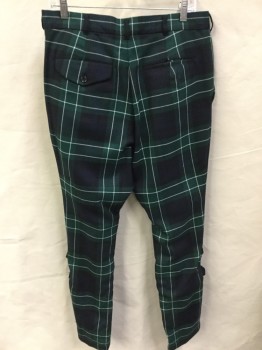 Mens, Casual Pants, BLACK, Black, Green, Off White, Wool, Plaid, 28, 33, Black, Green, Off White Plaid, 1-1/2" Waistband, Flat Front, Zip Front, 4 Pockets, 2 Short Self Straps Belts with Buckle on Legs