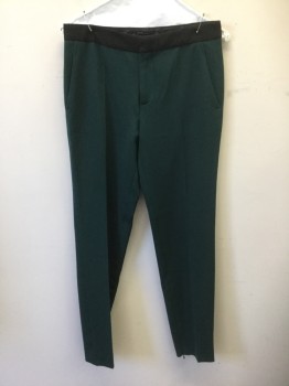 Womens, Slacks, ZARA, Forest Green, Black, Polyester, Wool, Solid, XS, Forest Green Crepe with Contrasting Black 1.25" Wide Waistband, Mid Rise, Slim Leg, Zip Fly, 4 Pockets, Invisible Zippers at Hems