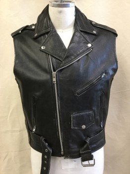 Mens, Leather Vest, XELEMENT , Black, Leather, Polyester, Solid, 46, (4 of Them:  44, 46, 48-50, 52) (aged/distressed) Black Leather, Black Quilt Lining, Motorcycle Style, Collar Attached with Silver Snap, Epaulettes, Off Side Zip Front, 4 Pockets, Belt Front Bottom with Metal Buckle, Orange/yellow/green Dog Face Design with " the VICIOUS CYCLES, NEW YORK" in the Back