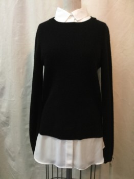 Womens, Pullover, BLOOMINGDALES, Black, White, Cashmere, Polyester, Solid, M, White Collar Attached & Hem, Black Sweater, Crew Neck,