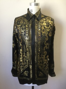 JOEY RICHI, Black, Gold, Silk, Polyester, Leaves/Vines , Abstract , Black with Gold Metallic Baroque Leaves, Ornate Pattern, Biblical Scene in Back with Jesus, Angels, Etc, Long Sleeve Button Front, Collar Attached, 1990's